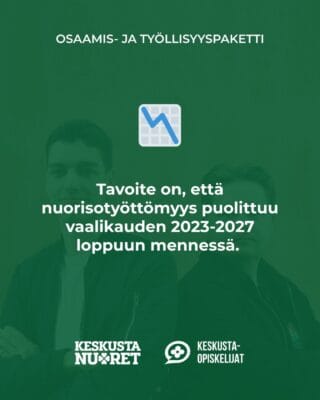 Teksti: Osaamis- ja työllisyyspaketti. Tavoite on, että nuorisotyöttömyys puolittuu vaalikauden 2023-2027 loppuun mennessä.