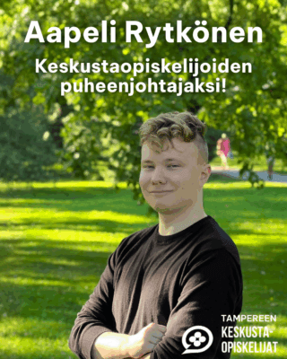 Teksti: Aapeli Rytkönen Keskustaopiskelijoiden puheenjohtajaksi. Kuva puheenjohtajaehdokas Aapeli Rytkösestä.