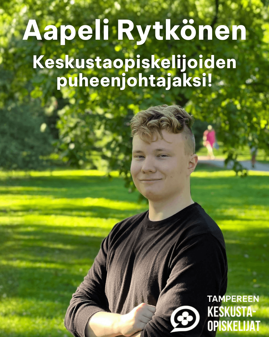 Teksti: Aapeli Rytkönen Keskustaopiskelijoiden puheenjohtajaksi. Kuva puheenjohtajaehdokas Aapeli Rytkösestä.